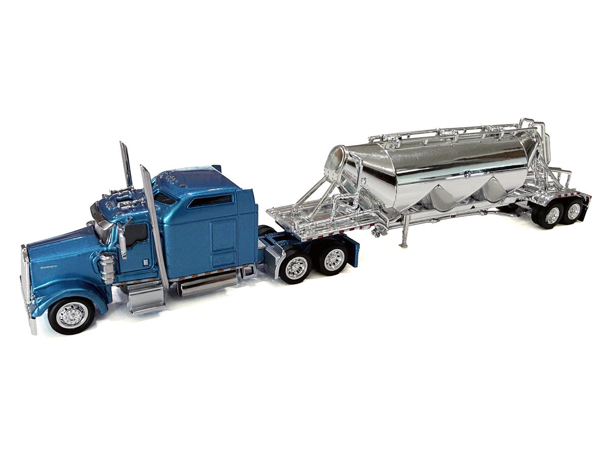 Kenworth W900L Truck Tractor with Sleeper Cab Blue Metallic and Pneumatic Tank Trailer Combo Set 1/87(HO) Plastic Model Car by HO Logistics LuxuryLifeWay Online Store
