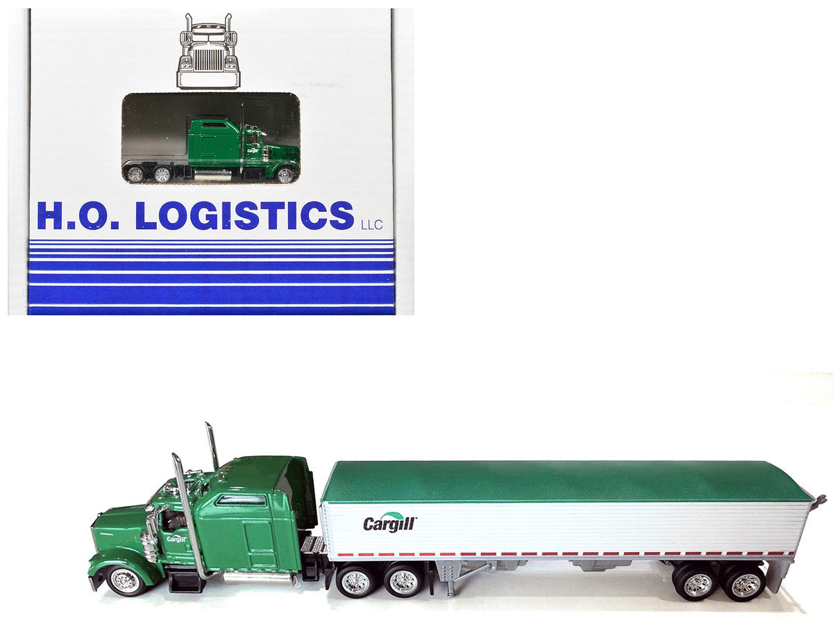 Kenworth W900L Truck Tractor with Sleeper Cab "Cargill" Green and Covered Grain Trailer White with Green Tarp Combo Set 1/87 (HO) Plastic Model Car by HO Logistics LuxuryLifeWay Online Store