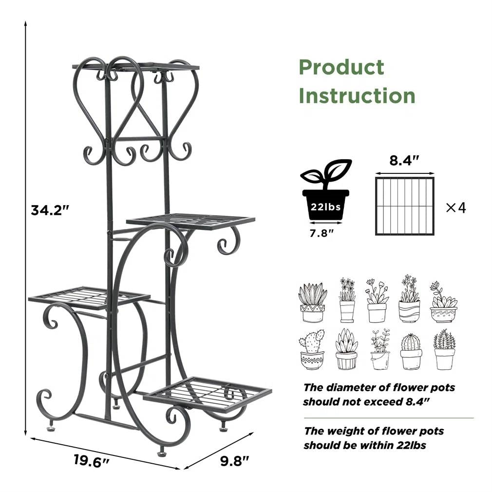Elegant Black Metal 4-Shelf Plant Stand LuxuryLifeWay Online Store