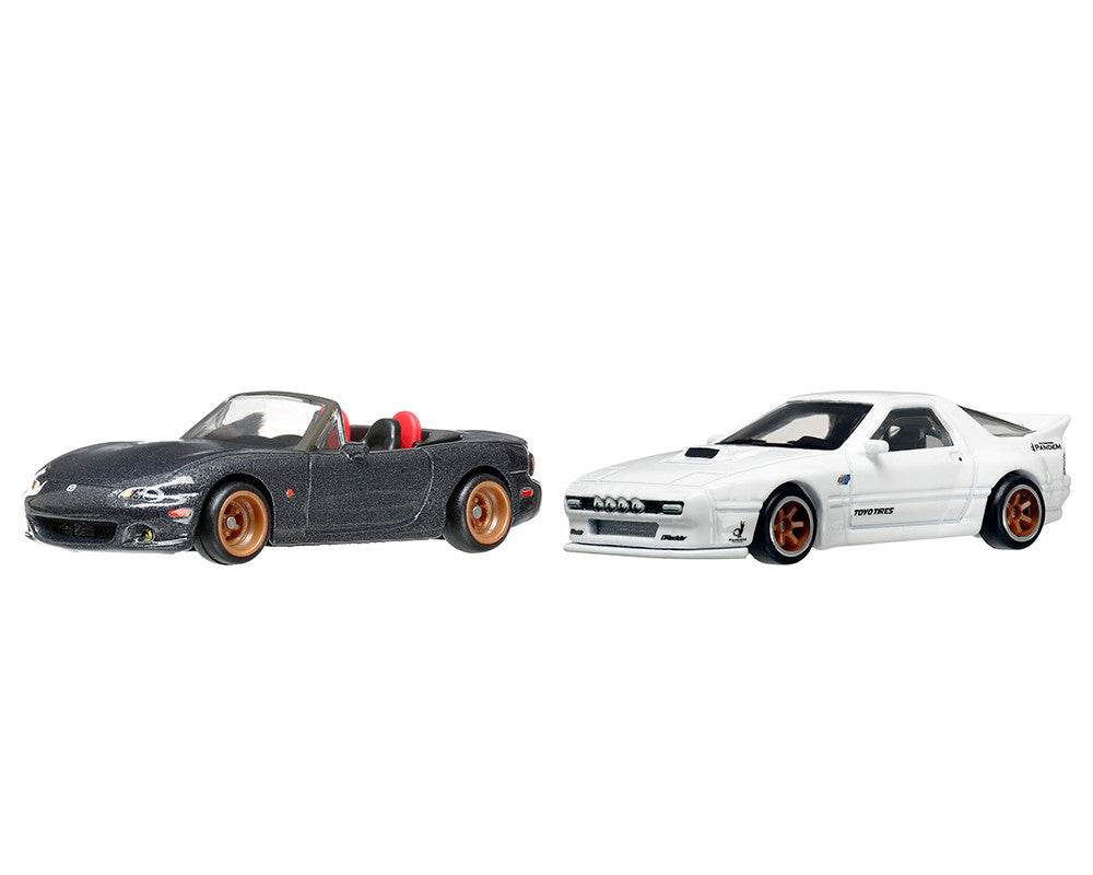 Mazda Mazdaspeed Miata Gray Metallic and Mazda RX7 FC Pandem White "Car Culture" Set of 2 Cars Diecast Model Cars by Hot Wheels LuxuryLifeWay Online Store