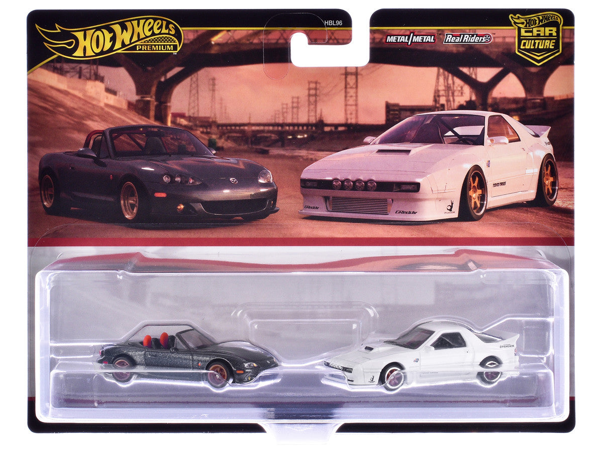 Mazda Mazdaspeed Miata Gray Metallic and Mazda RX7 FC Pandem White "Car Culture" Set of 2 Cars Diecast Model Cars by Hot Wheels LuxuryLifeWay Online Store