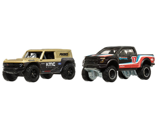 Ford Bronco R Gold Metallic and Black and 2017 Ford F-150 Raptor Pickup Truck #17 Black with Stripes "Car Culture" Set of 2 Cars Diecast Model Cars by Hot Wheels LuxuryLifeWay Online Store