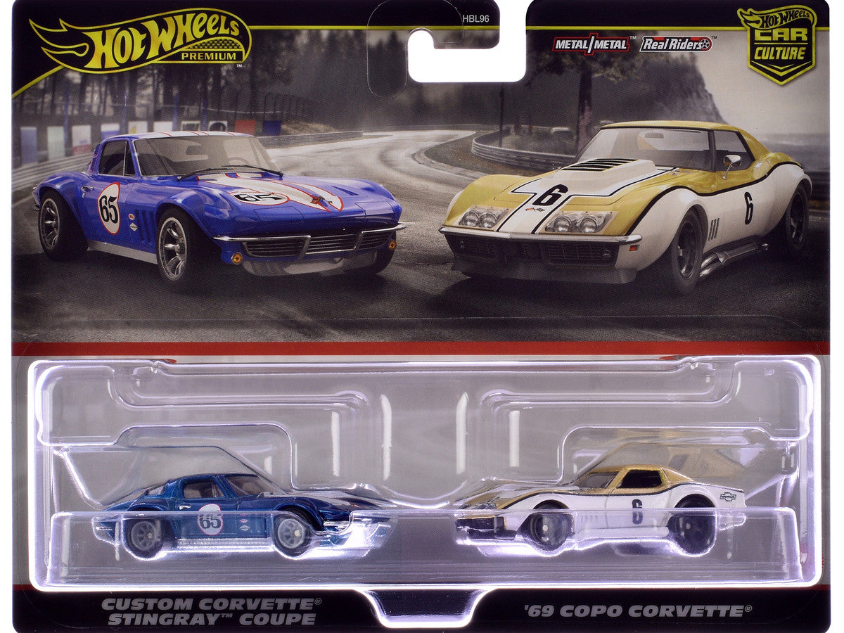Chevrolet Custom Corvette Stingray Coupe #65 Blue Metallic with White Stripes and 1969 Chevrolet COPO Corvette #6 Gold Metallic and White "Car Culture" Set of 2 Cars Diecast Model Cars by Hot Wheels LuxuryLifeWay Online Store