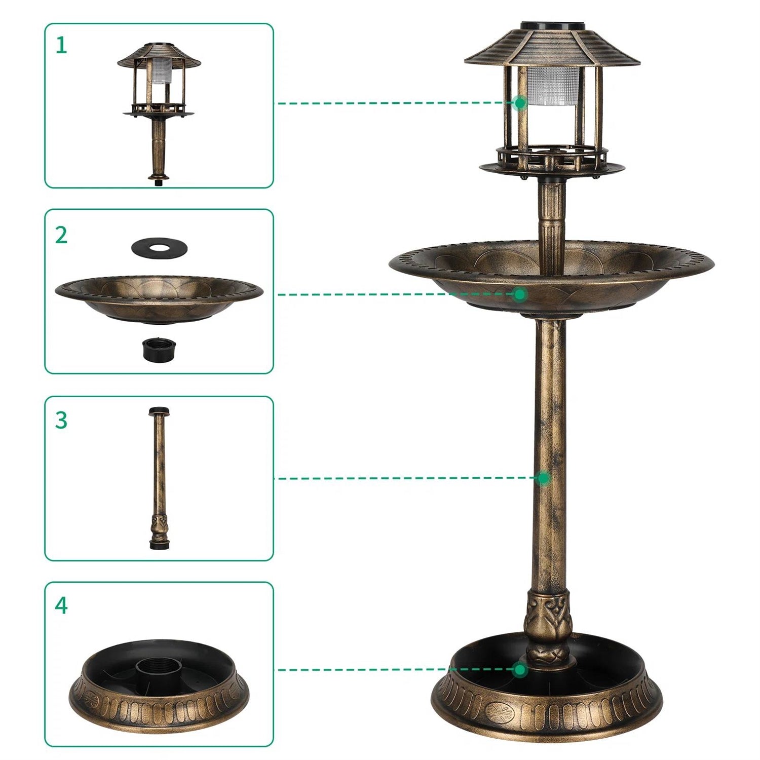 Outdoor Garden Birdbath in Bronze Finish with Solar Light LuxuryLifeWay Online Store