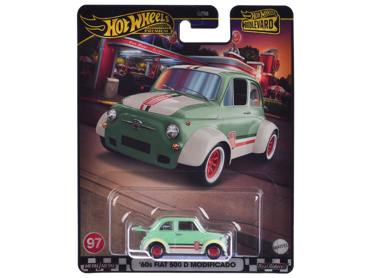 1960's Fiat 500 D Modificado Light Green with Stripes "Boulevard" Series Diecast Model Car by Hot Wheels LuxuryLifeWay Online Store