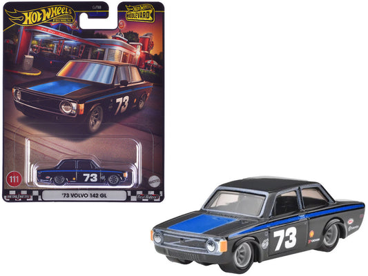 1973 Volvo 142 GL #73 Black with Blue Stripes and Hood "Boulevard" Series Diecast Model Car by Hot Wheels LuxuryLifeWay Online Store