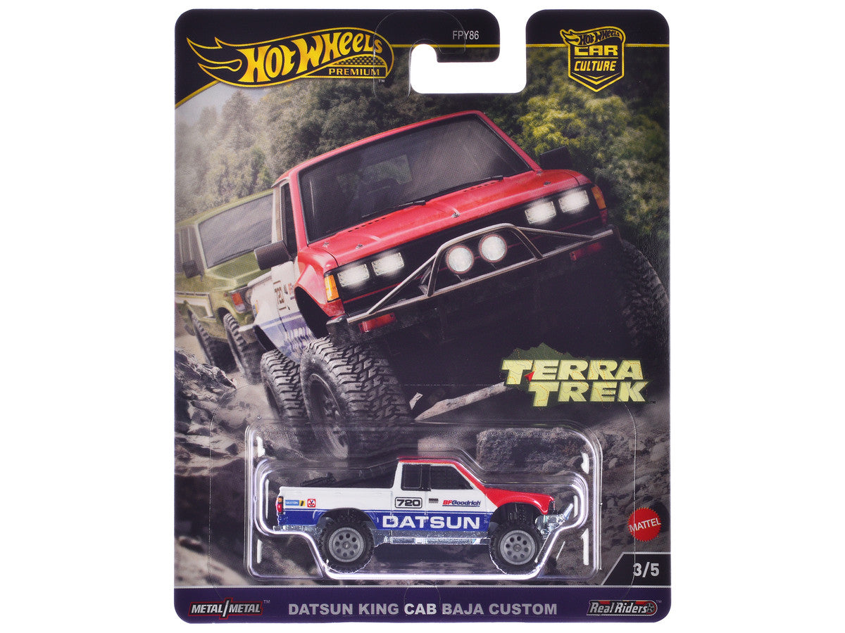 Datsun King Cab Baja Custom Pickup Truck #720 White and Blue with Red Hood "Terra Trek" Series Diecast Model Car by Hot Wheels LuxuryLifeWay Online Store