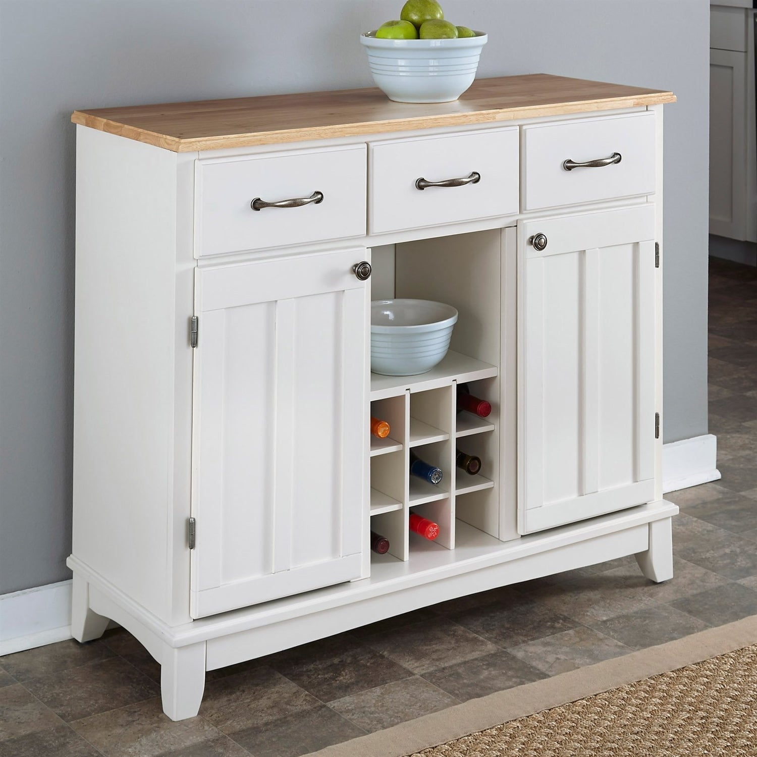 Natural Wood Top Kitchen Island Sideboard Cabinet Wine Rack in White LuxuryLifeWay Online Store