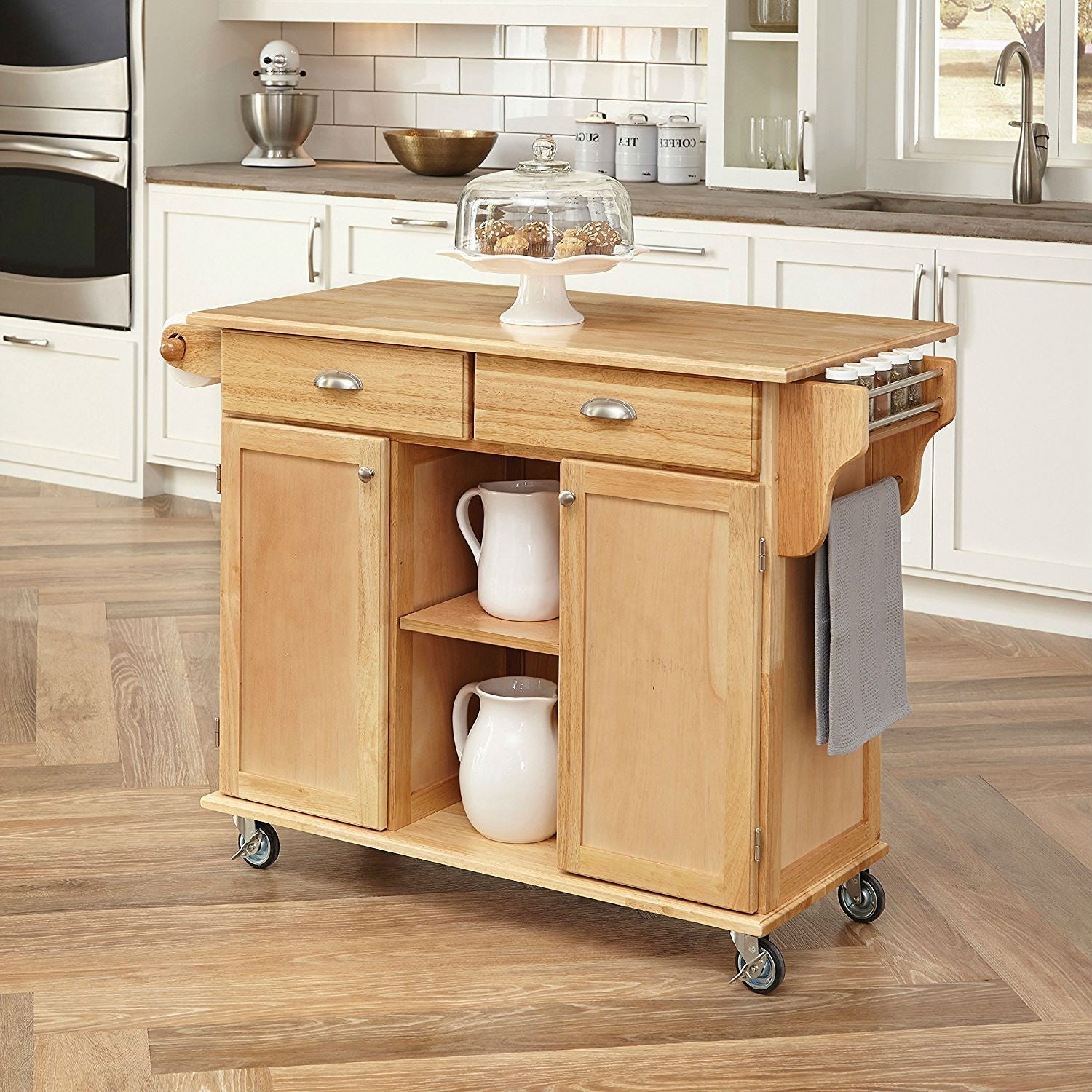 Natural Wood Finish Kitchen Island Cart with Locking Casters LuxuryLifeWay Online Store