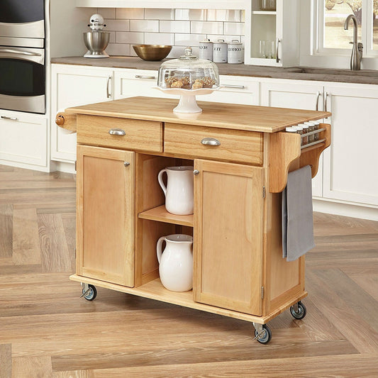 Natural Wood Finish Kitchen Island Cart with Locking Casters LuxuryLifeWay Online Store