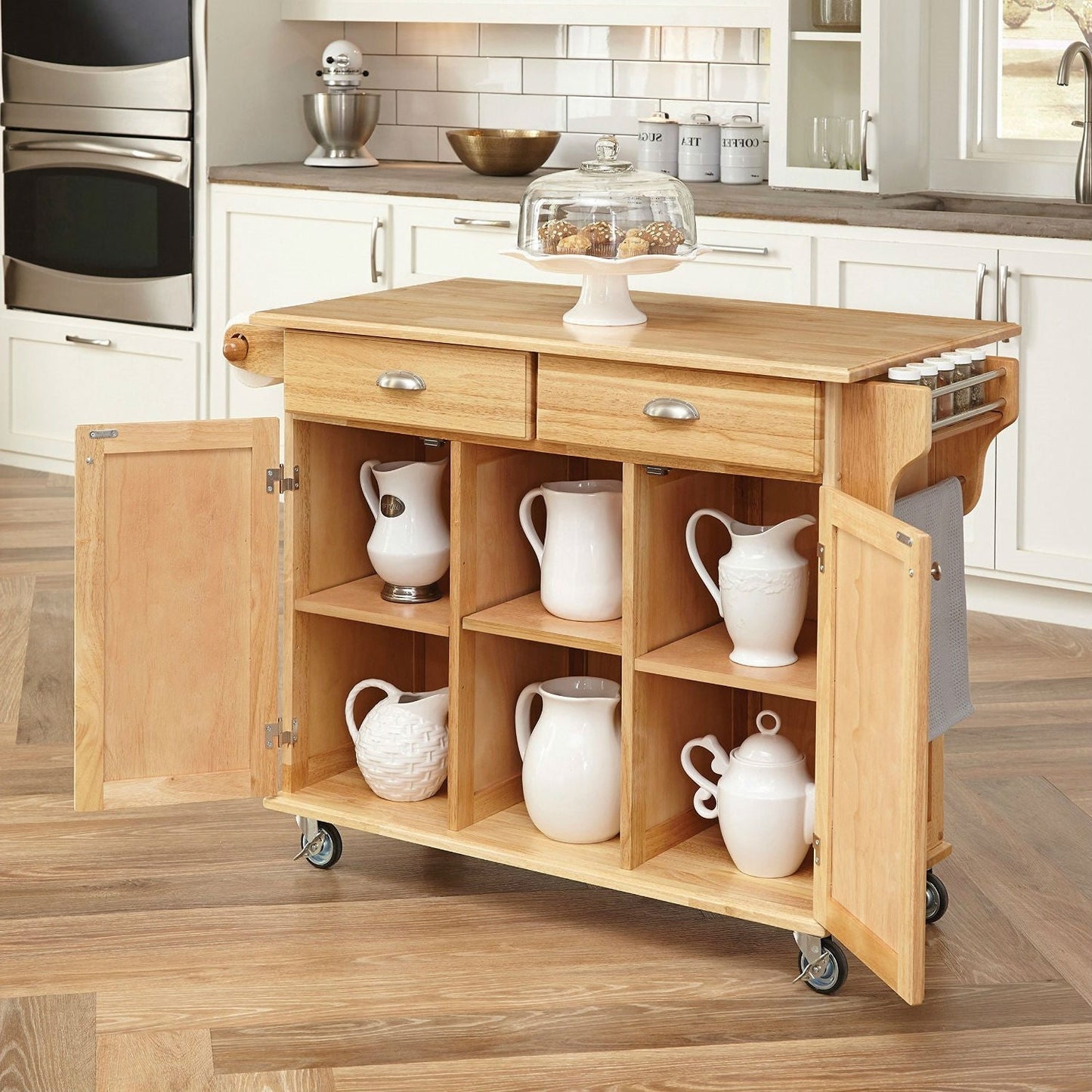 Natural Wood Finish Kitchen Island Cart with Locking Casters LuxuryLifeWay Online Store