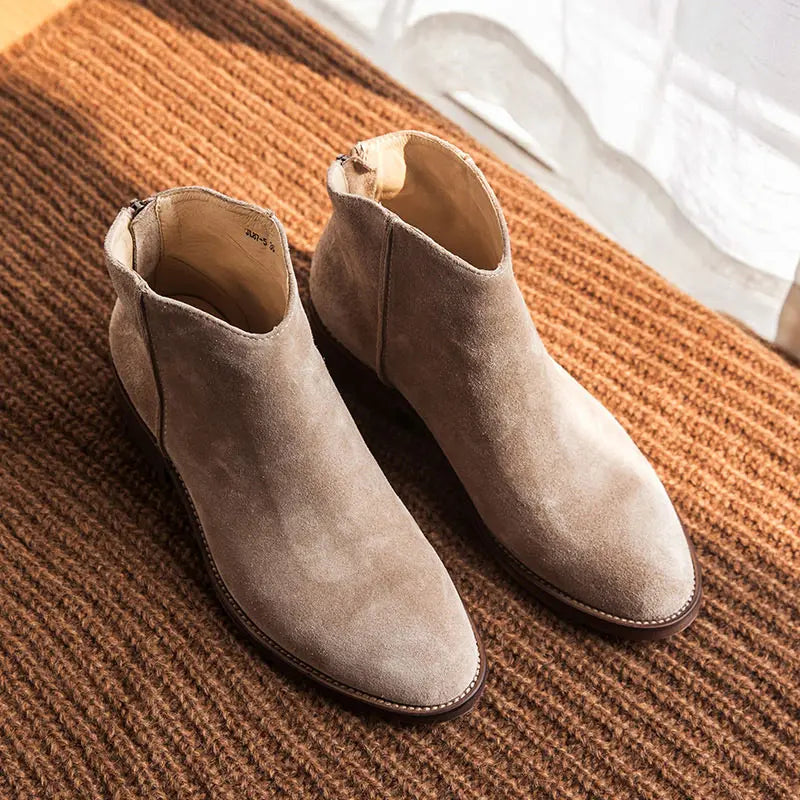 BEAUTODAY Suede Ankle Boots Women Soft Cow Leather Back Zip V-shape Ladies Autumn Winter Boots Handmade 03274 Pi-Mart