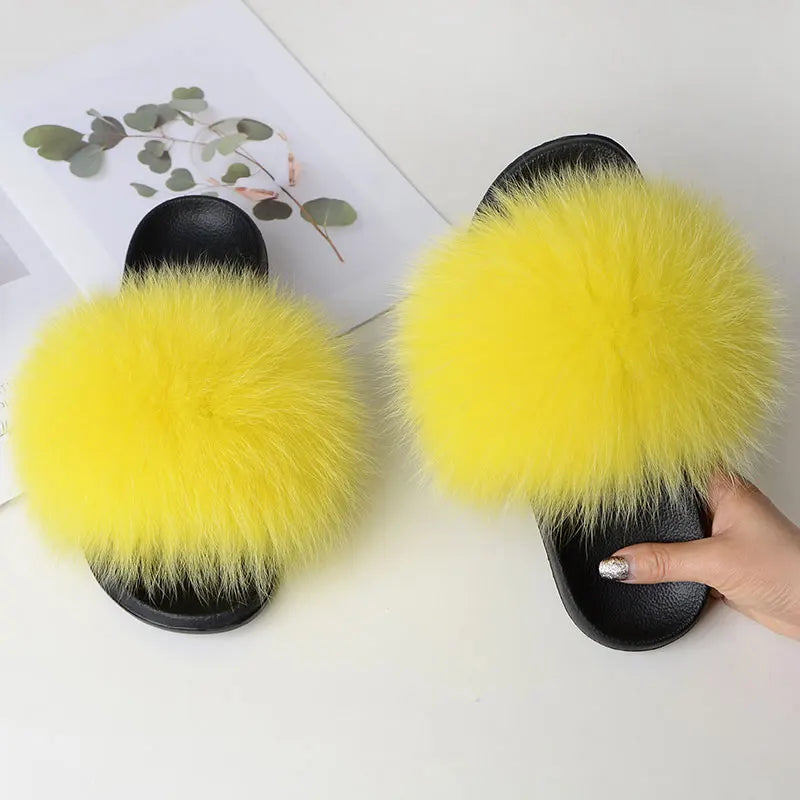 Women Summer Casual Fluffy Slippers With Fur Flat Non-Slip Real Fox Fur Furry Slides Large Size Shoes Fur Sandals LadyShow.Store