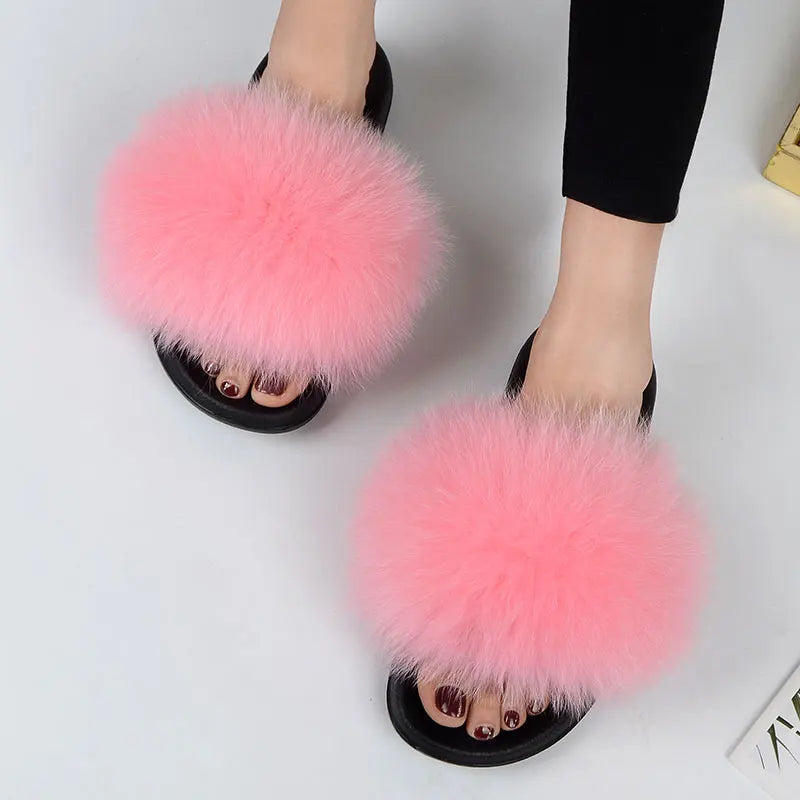 Women Summer Casual Fluffy Slippers With Fur Flat Non-Slip Real Fox Fur Furry Slides Large Size Shoes Fur Sandals LadyShow.Store