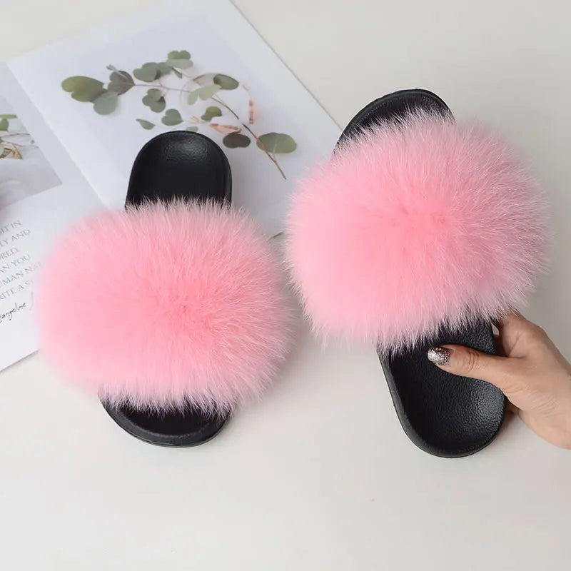 Women Summer Casual Fluffy Slippers With Fur Flat Non-Slip Real Fox Fur Furry Slides Large Size Shoes Fur Sandals LadyShow.Store