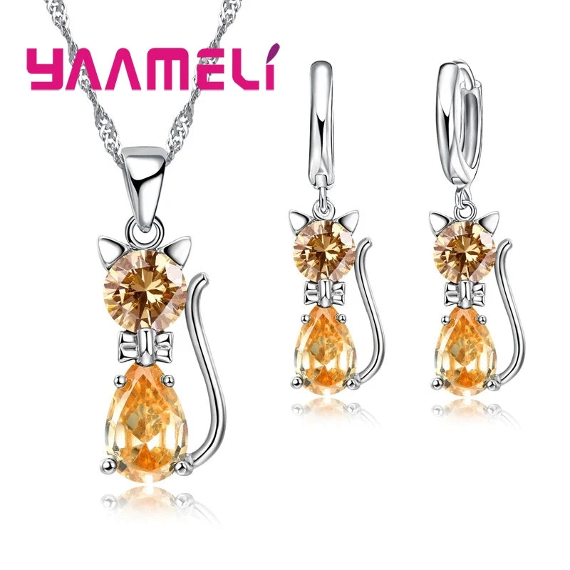 Real 925 Sterling Silver Color Jewelry Sets for Woman Girls Shining Austrian Crystal Cute Cat Pendant Necklace Huggie Earring Pi-Mart