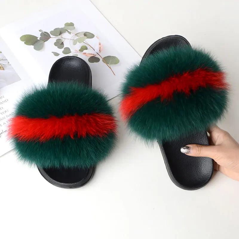 Women Summer Casual Fluffy Slippers With Fur Flat Non-Slip Real Fox Fur Furry Slides Large Size Shoes Fur Sandals LadyShow.Store