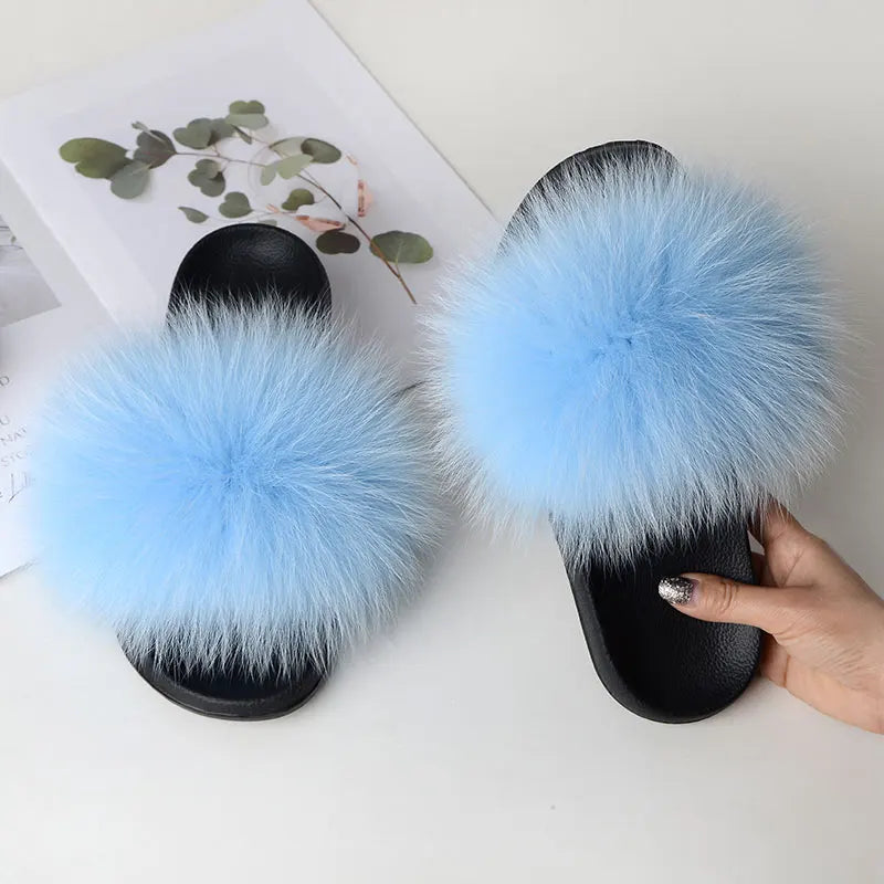 Women Summer Casual Fluffy Slippers With Fur Flat Non-Slip Real Fox Fur Furry Slides Large Size Shoes Fur Sandals LadyShow.Store