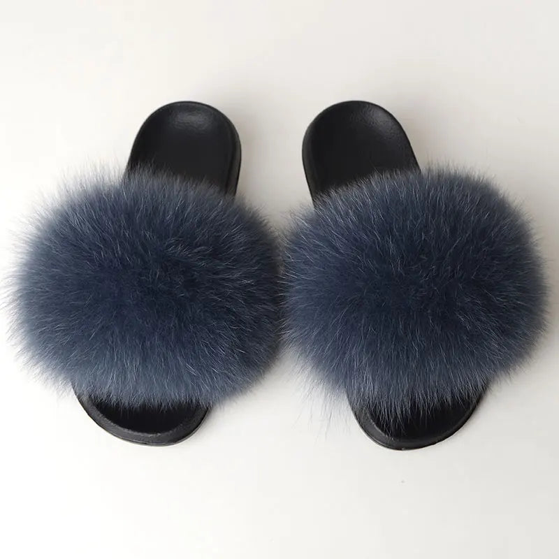 Women Summer Casual Fluffy Slippers With Fur Flat Non-Slip Real Fox Fur Furry Slides Large Size Shoes Fur Sandals LadyShow.Store