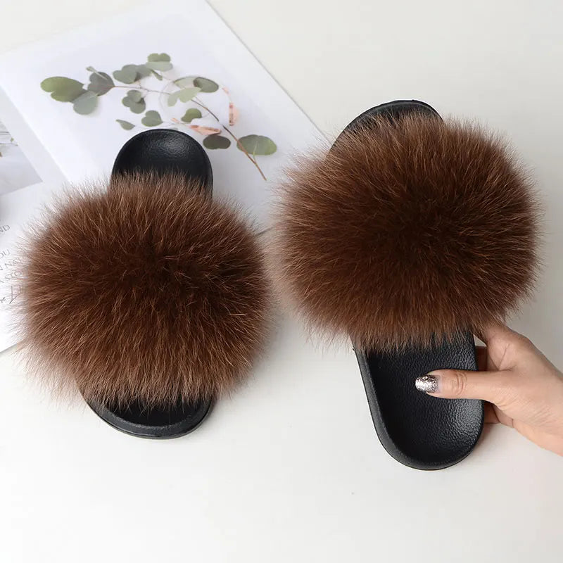 Women Summer Casual Fluffy Slippers With Fur Flat Non-Slip Real Fox Fur Furry Slides Large Size Shoes Fur Sandals LadyShow.Store