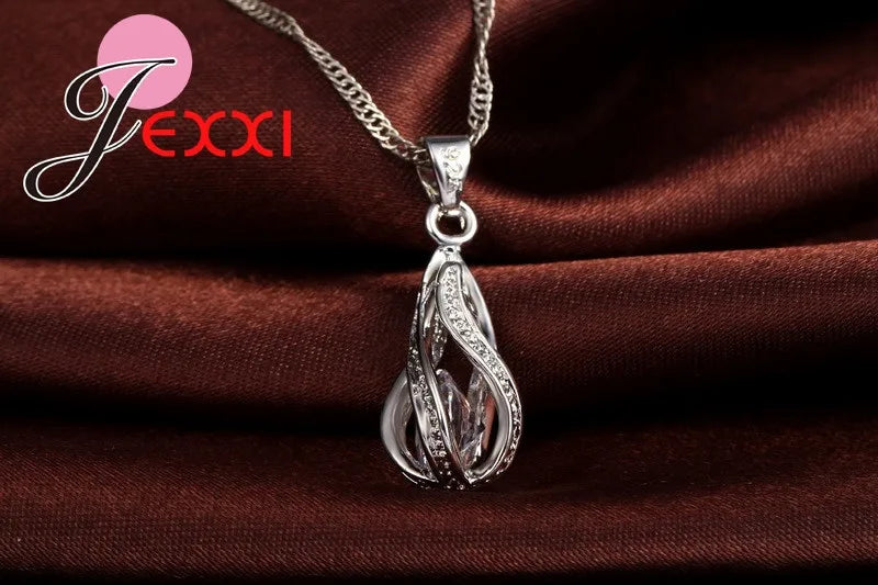 Hot Water Drop CZ 925 Sterling Silver Plated Jewelry Set For Women Pendant Necklace Hoop Earrings Wedding Party Ceremoey Anel Pi-Mart