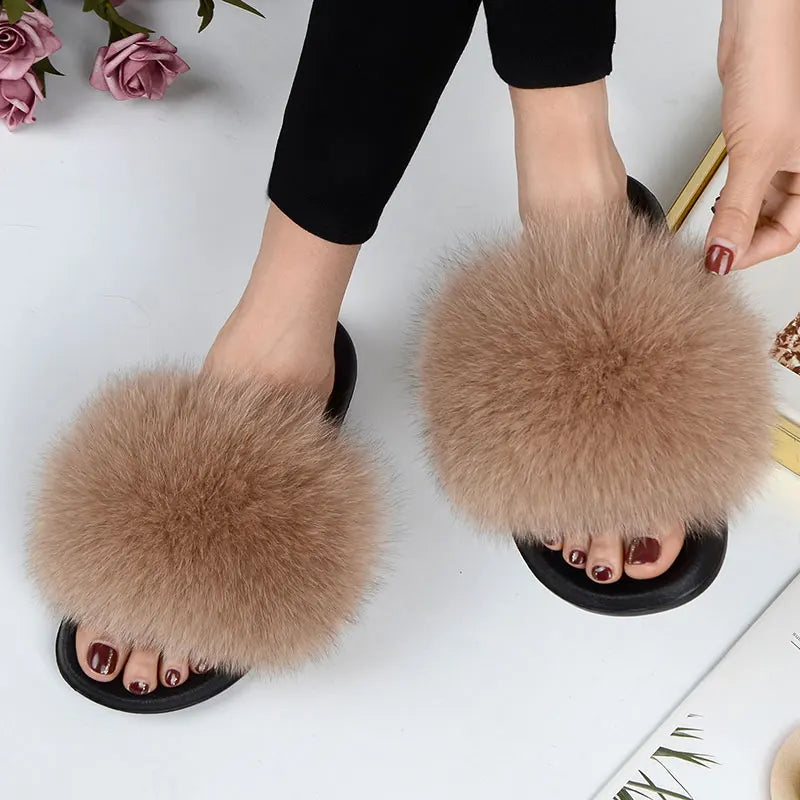 Women Summer Casual Fluffy Slippers With Fur Flat Non-Slip Real Fox Fur Furry Slides Large Size Shoes Fur Sandals LadyShow.Store
