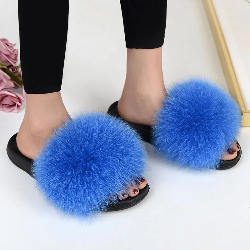 Women Summer Casual Fluffy Slippers With Fur Flat Non-Slip Real Fox Fur Furry Slides Large Size Shoes Fur Sandals LadyShow.Store