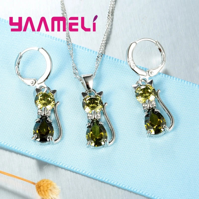 Real 925 Sterling Silver Color Jewelry Sets for Woman Girls Shining Austrian Crystal Cute Cat Pendant Necklace Huggie Earring Pi-Mart