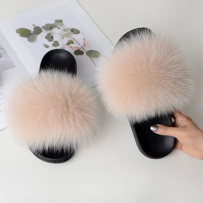 Women Summer Casual Fluffy Slippers With Fur Flat Non-Slip Real Fox Fur Furry Slides Large Size Shoes Fur Sandals LadyShow.Store
