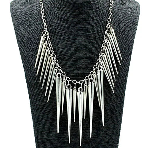 Women's Multilayer Spike Rivet Tassels Chain Bib Statement Necklace Punk Pi-Mart