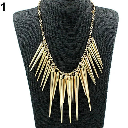 Women's Multilayer Spike Rivet Tassels Chain Bib Statement Necklace Punk Pi-Mart