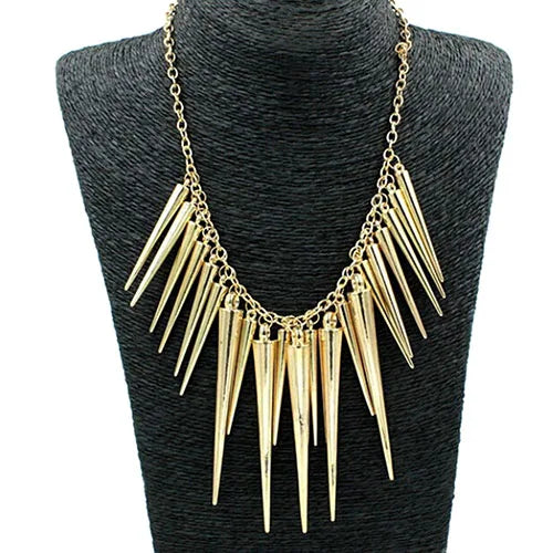 Women's Multilayer Spike Rivet Tassels Chain Bib Statement Necklace Punk Pi-Mart