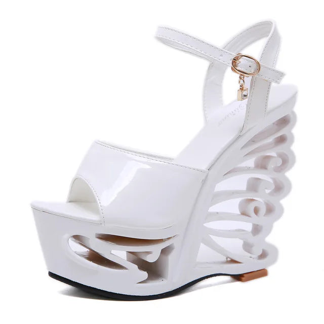 PU leather Strange Style Platform Sandals Women customized Heel Wedges Shoes Big Size Rivet High Heel  Gladiator Sandals LadyShow.Store