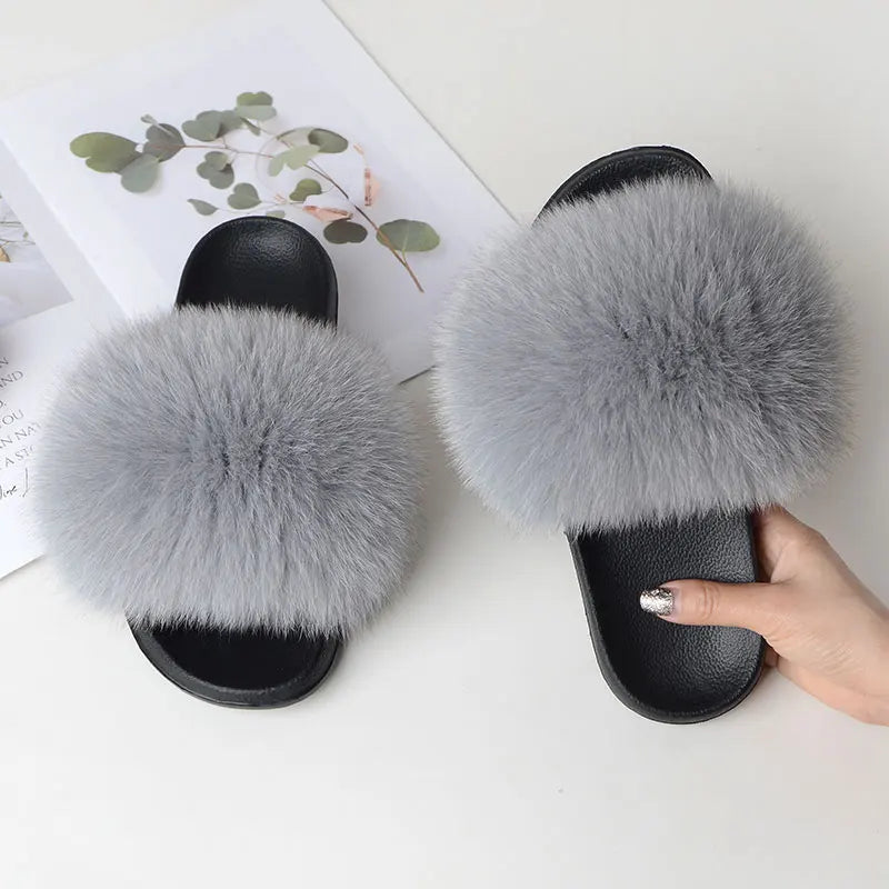 Women Summer Casual Fluffy Slippers With Fur Flat Non-Slip Real Fox Fur Furry Slides Large Size Shoes Fur Sandals LadyShow.Store
