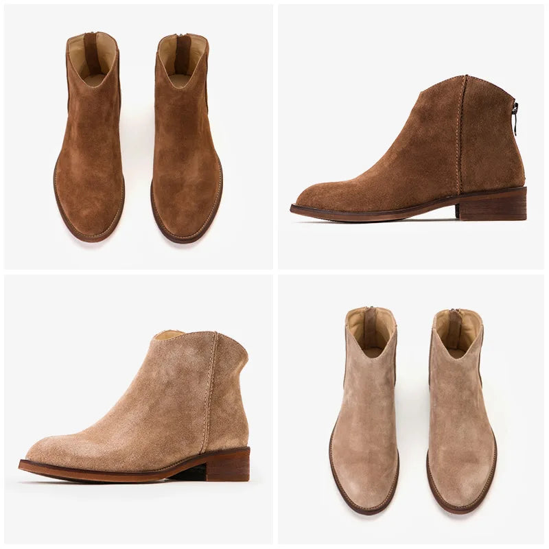 BEAUTODAY Suede Ankle Boots Women Soft Cow Leather Back Zip V-shape Ladies Autumn Winter Boots Handmade 03274 Pi-Mart
