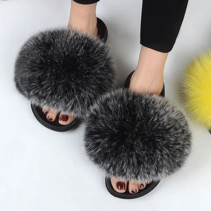 Women Summer Casual Fluffy Slippers With Fur Flat Non-Slip Real Fox Fur Furry Slides Large Size Shoes Fur Sandals LadyShow.Store