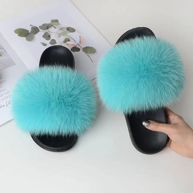 Women Summer Casual Fluffy Slippers With Fur Flat Non-Slip Real Fox Fur Furry Slides Large Size Shoes Fur Sandals LadyShow.Store
