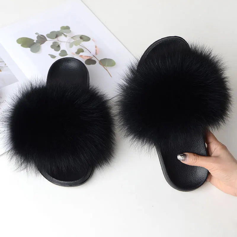 Women Summer Casual Fluffy Slippers With Fur Flat Non-Slip Real Fox Fur Furry Slides Large Size Shoes Fur Sandals LadyShow.Store