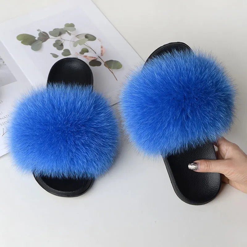 Women Summer Casual Fluffy Slippers With Fur Flat Non-Slip Real Fox Fur Furry Slides Large Size Shoes Fur Sandals LadyShow.Store