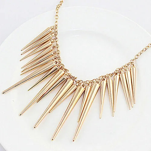 Women's Multilayer Spike Rivet Tassels Chain Bib Statement Necklace Punk Pi-Mart