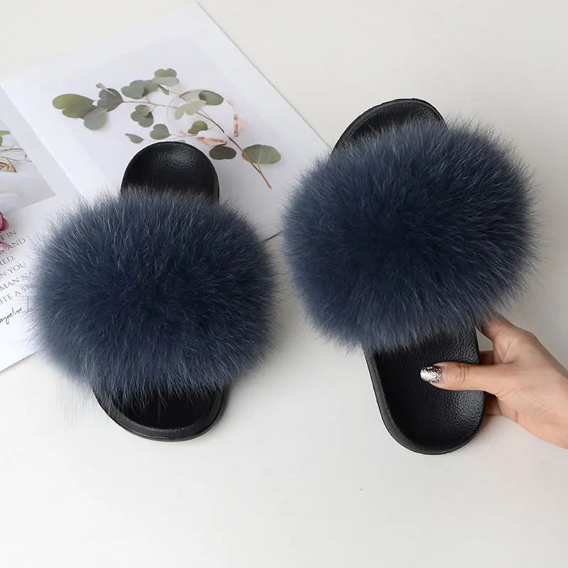 Women Summer Casual Fluffy Slippers With Fur Flat Non-Slip Real Fox Fur Furry Slides Large Size Shoes Fur Sandals LadyShow.Store