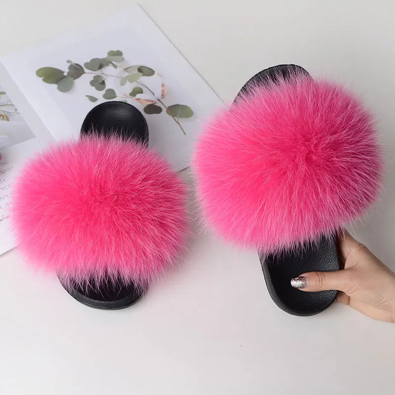 Women Summer Casual Fluffy Slippers With Fur Flat Non-Slip Real Fox Fur Furry Slides Large Size Shoes Fur Sandals LadyShow.Store