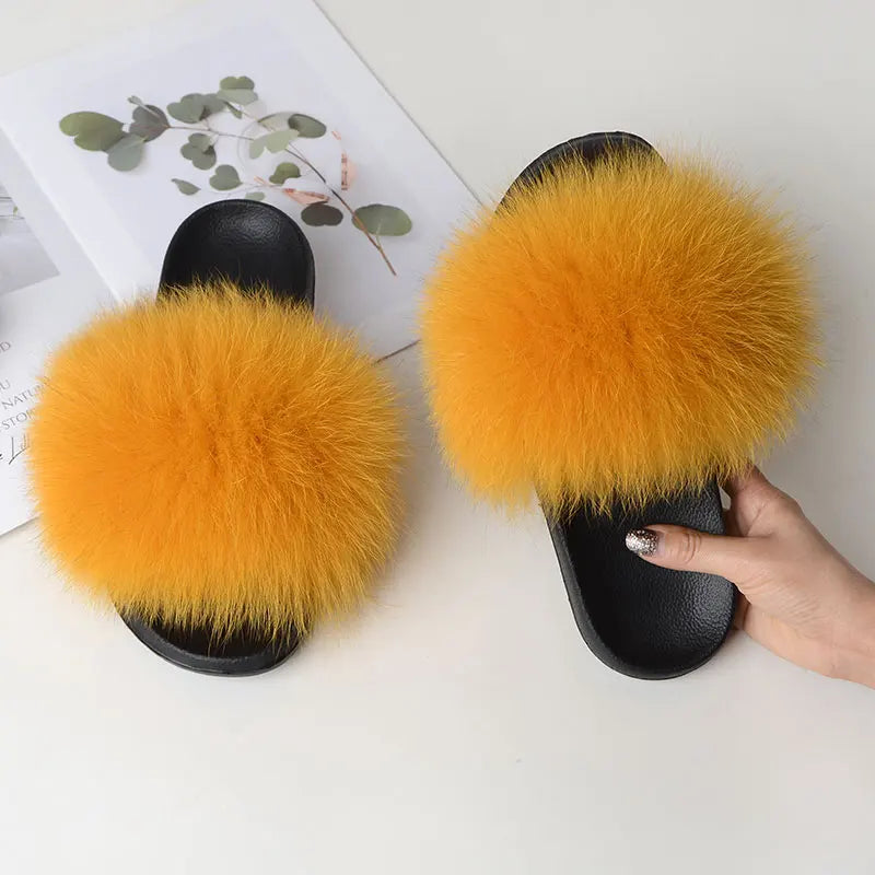Women Summer Casual Fluffy Slippers With Fur Flat Non-Slip Real Fox Fur Furry Slides Large Size Shoes Fur Sandals LadyShow.Store
