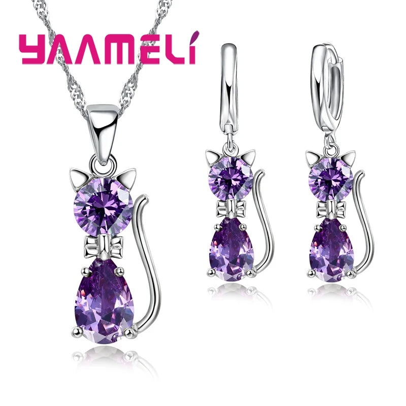 Real 925 Sterling Silver Color Jewelry Sets for Woman Girls Shining Austrian Crystal Cute Cat Pendant Necklace Huggie Earring Pi-Mart