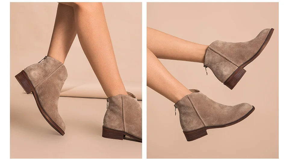 BEAUTODAY Suede Ankle Boots Women Soft Cow Leather Back Zip V-shape Ladies Autumn Winter Boots Handmade 03274 Pi-Mart