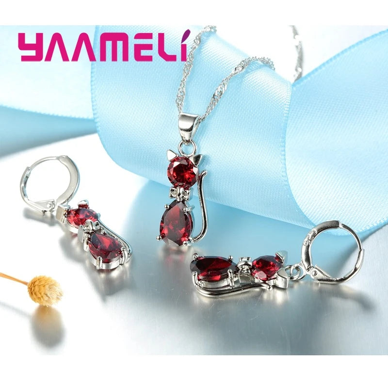 Real 925 Sterling Silver Color Jewelry Sets for Woman Girls Shining Austrian Crystal Cute Cat Pendant Necklace Huggie Earring Pi-Mart