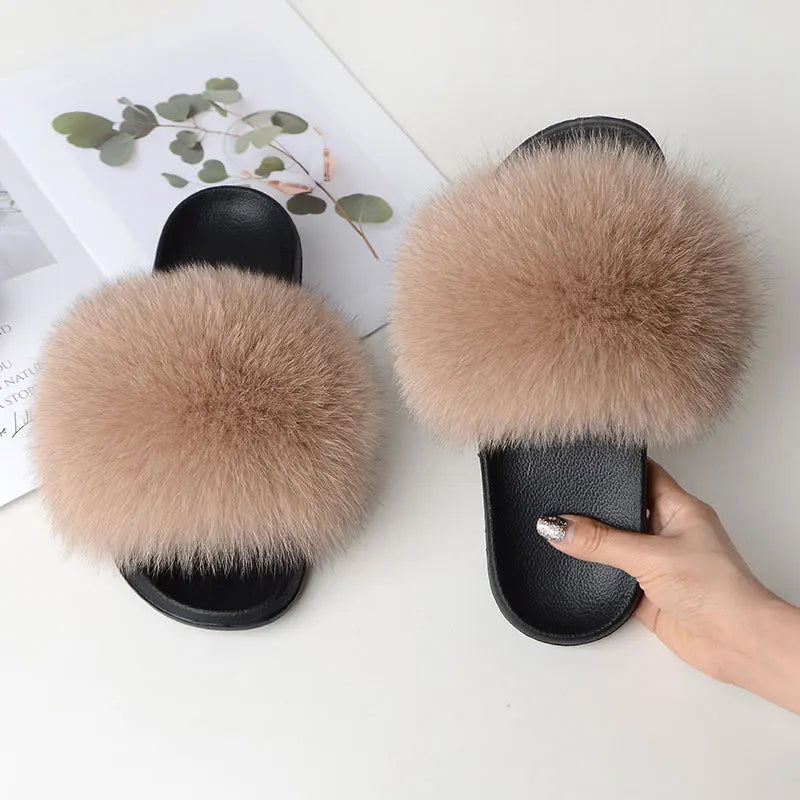 Women Summer Casual Fluffy Slippers With Fur Flat Non-Slip Real Fox Fur Furry Slides Large Size Shoes Fur Sandals LadyShow.Store