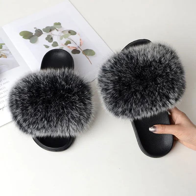 Women Summer Casual Fluffy Slippers With Fur Flat Non-Slip Real Fox Fur Furry Slides Large Size Shoes Fur Sandals LadyShow.Store