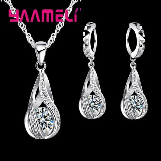 Hot Water Drop CZ 925 Sterling Silver Plated Jewelry Set For Women Pendant Necklace Hoop Earrings Wedding Party Ceremoey Anel Pi-Mart