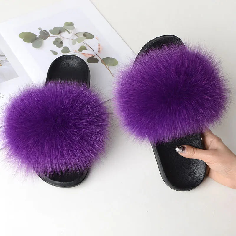 Women Summer Casual Fluffy Slippers With Fur Flat Non-Slip Real Fox Fur Furry Slides Large Size Shoes Fur Sandals LadyShow.Store